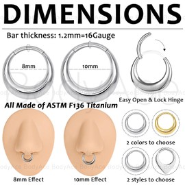 BodyAce ASTM F136 Titanium Septum Rings Hoop, 16G Hinged Nose Rings Clicker Hoop 8/10mm, Gold Moon Cartilage Earrings for Daith, Rook, Tragus Piercing [Silver Moon;Hoops:8mm]