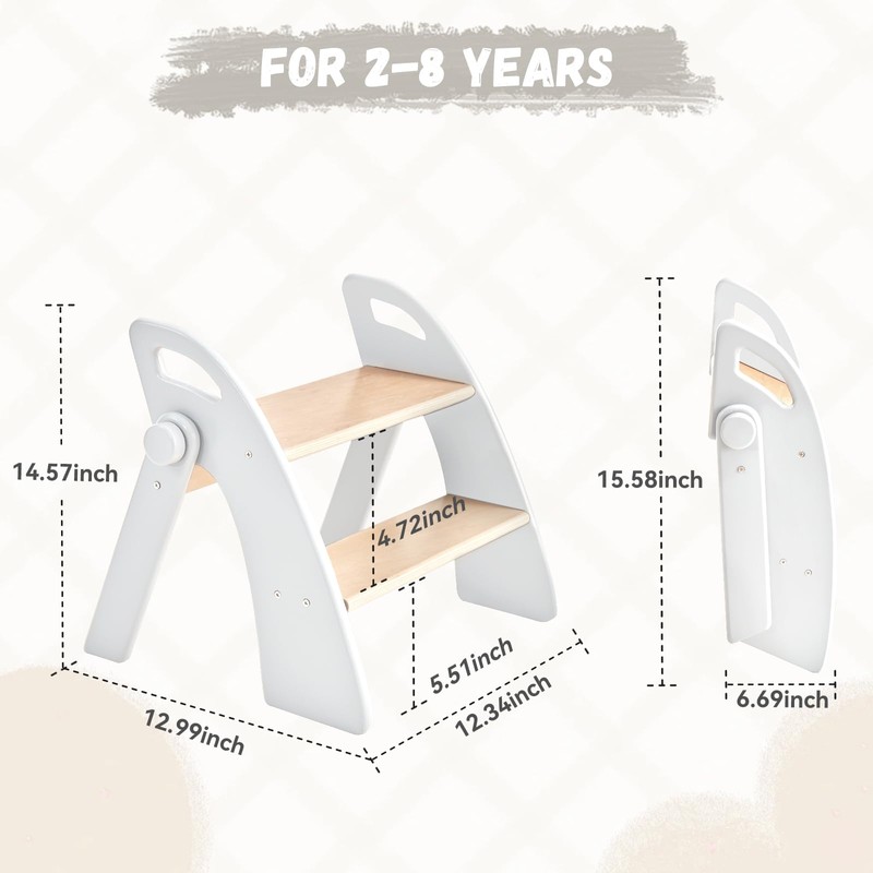 Wooden 2 Step Stool for Kids Bathroom Sink Foldable Anti-Slip