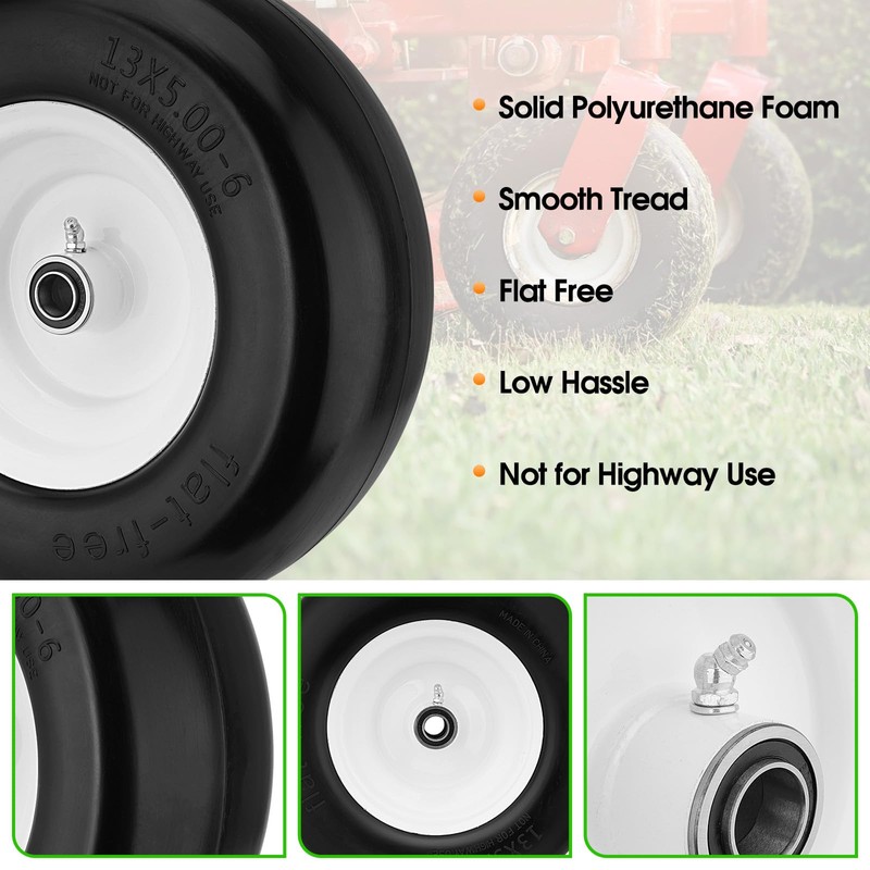 2PCS 13x5.00-6 Flat Free Tire and Wheel with 1/2" &