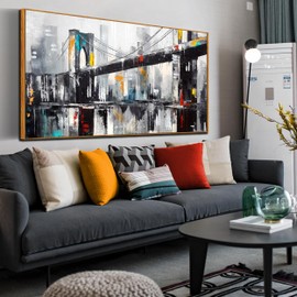 Brooklyn Bridge Wall Art for Living Room, New York City Canvas Wall Decor for Bedroom, Print Paintings for Office, Size 29x59 Inches Framed