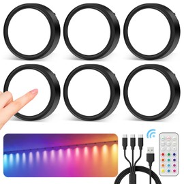 USB Rechargeable Color Changing Puck Lights, Black Battery Operated Tap Lights with Remote Under Cabinet Lights Wireless LED Display Shelf Light RGB Magnetic Push Lights Stick On for Classroom Closet