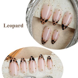 MERVF Almond Press on Nails Medium Brown, Leopard French Tip Fake Nails Fall Glue ons Acrylic Nail 3D Gold Bead Design Manicure Glossy 24pcs