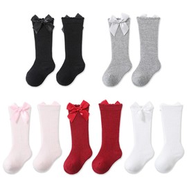 ZKGYUS 5 Pairs Knee Socks for Girls Knee Socks Baby Tube Socks Cotton School Uniform Socks (5 Colours), Black, white, grey, red, pink