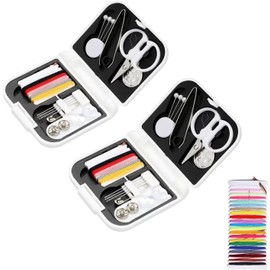 Paquete de 2 mini kit de costura portátil para viajar en casa, adultos, principiantes, emergencias, contiene tijeras, hilos, agujas (blanco)