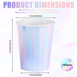 60Stück Silber Party-Pappbecher Einweg-Partybecher Partygeschirr Dekoration, Schillernde Pappbecher Kaffeebecher, Papier Partybecher für heiße und kalte Getränke holografische Silber Regenbogen Beche