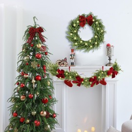 HipTree 6ft Christmas Garland with Lights,Lighted Norfolk Pine Garland for Mantle,Prelit Real Touch Artificial Green Christmas Winter Garland with Large Burgundy Velvet Bow for Indoor Outdoor Decor