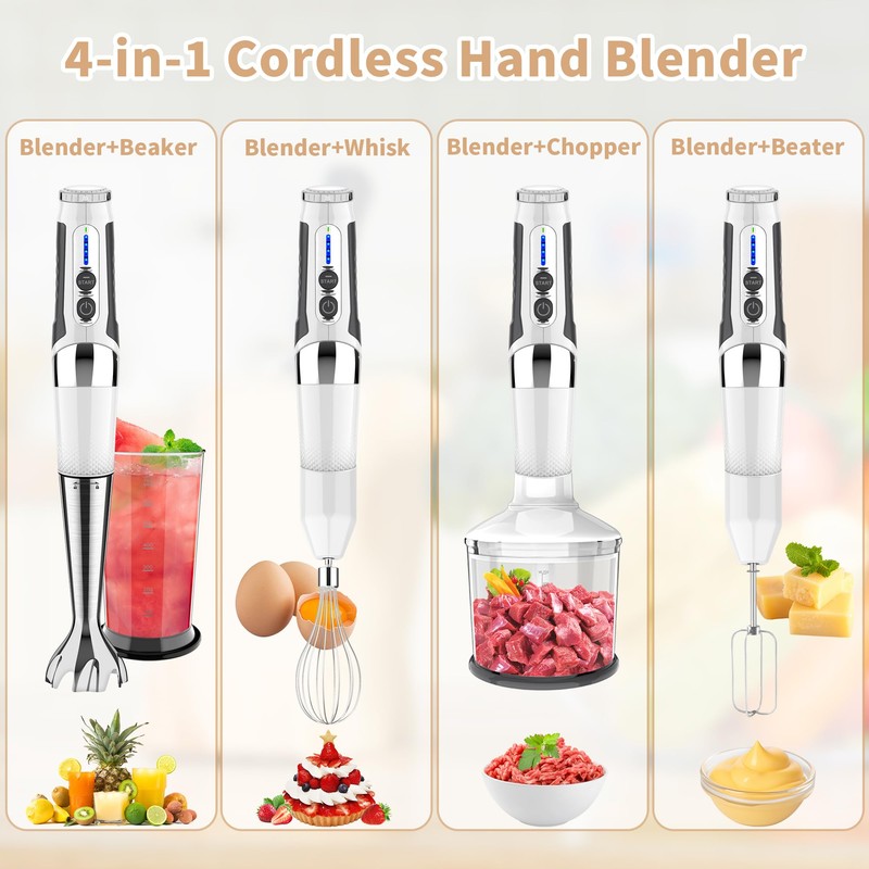 Cordless Immersion Blender: 4-in-1 Rechargeable Electric Hand Blender, 21-Speeds &