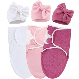 AQOKKA Baby Swaddle Sleep Sacks with Big Bow Hats Cotton Adjustable Swaddle Blankets Wrap Nursery Swaddles for Newborns Boy Girl Infant 0-3 Months