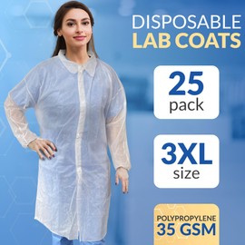 25 Pack White Polypropylene Lab Coats 3XL Size. No Pockets, 4 Snaps, Elastic Wrists. Disposable Breathable Labcoats. Industrial Grade Visitor Coats for General Use, Cleaning, Manufacturing.