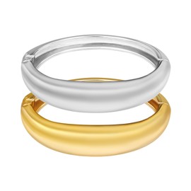 BONJOULRY 2PCS Chunky Gold Silver Bangles Bracelets Set for Women Non Tarnish Trendy, Thick Chain Open Wide Hinged Wrap Bangle Bracelet Minimalist Arm Jewelry Gifts, Large, Zinc, no gemstone