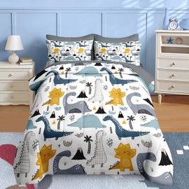 Nesker 5 Pcs Comforter Set Twin Size, Cute Dinosaur Dino Bedding for Kids Teen, Blue Yellow Dragon Bed Sheet with Pillowcase & Sham for Bedroom Bed Decor
