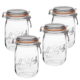 Le Parfait Super Jar, Canning Jars, 1L French Glass Canning Jar w/Round Body, Glass Jars With Airtight Lid, Canning Jars Wide Mouth, Glass Jar With Lid, Clear Jars, Clear Glass Jars (32oz/Quart, 4 pk)