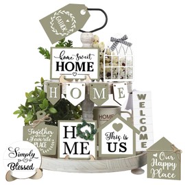 Purpeak 13 Farmhouse Tiered Tray Decor Set Sweet Home Tiered Tray Decorations Home Rustic Wooden Signs Decorative Farmhouse Kitchen Table Decor for Dining Room Country Summer Shelf Centerpiece Gift