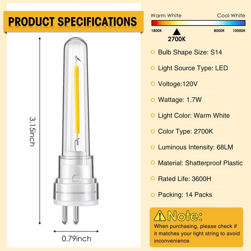 Meonum 14-Pack S14 Bulbs for Outdoor String Lights, 1.7W Dimmable