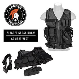 Lancer Tactical 600D Nylon Urban Tactical Cross Draw Vest with Embedded Pistol Holster Three Magazine Pouches Flashlight Pouch Pistol Belt Admin Pockets and Breathable Nylon Mesh Interior - Black