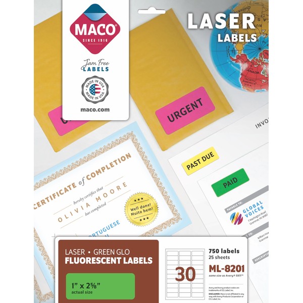MACO Laser Green Fluorescent Labels, 1" x 2-5/8", 30 per