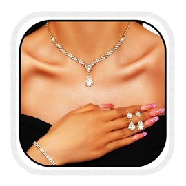 Aukmla Crystal Bridal Wedding Jewelry Set Silver Rhinestones Bridal Necklaces Earrings Bracelet Sets Prom Jewelry for Women and Brides (Gold)