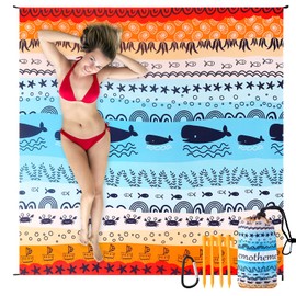 emotheme Beach Blanket, Sandproof Beach Mat 79" X 82" for 4-7 Adults, Large Waterproof Beach Blanket Quick Drying Lightweight Beach Blanket with 4 Stakes for Travel Camping Hiking (Sea World)