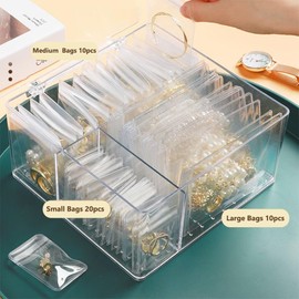 Fnuiddt Acrylic Jewelry Box Organizer, Clear Jewelry Organizer Holder with 60 PVC Jewelry bags, Transparent Display Storage Jewelry Case for Earrings/Rings/Necklaces/Bracelet Gift for Women Girls