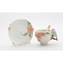 Cosmos Gifts Fine Porcelain Bluebird Cherry Apple Blossom Flower Cup & Saucer with Spoon Set, 4-1/2" L