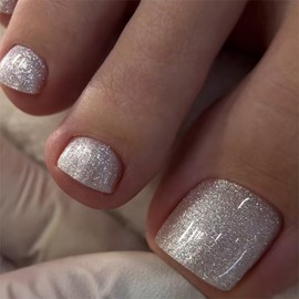 IMRAIN Glitter Press on Toenails Short Square Fake Toe Nails Full Cover Artificial Glossy False Toe Nails Solid Silver Stick on Nails Shiny Summer DIY Nail Art 24Pcs