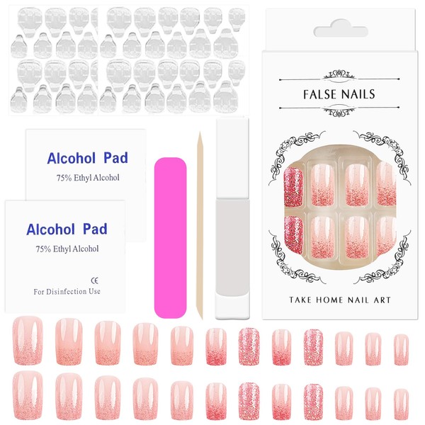 48 Stück Rosa Press on Nails Kurz Set Quadratische Nägel
