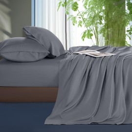 Shilucheng Tencel Sheets 4 Piece, 100% Eucalyptus Lyocell Sheets Set, Cooler Than Cotton and Linen, Summer Cooling Breathable Bed Sheets for Hot Sleepers, 16 Inch Deep Pockets (Dark Grey, Queen)