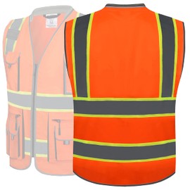 JKSafety 10 Pockets Class 2 Hi-Vis Zipper Front Safety Vest | Cushioned Collar | High Reflective Tapes with Extended Neon Yellow Strips | Meets ANSI/ISEA Standards (Large, 89-Orange)