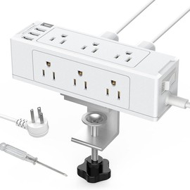 Desk Clamp Power Strip with USB Port, Desk Outlet 1700 Joules Surge Protector Power Strip, Desk Edge Mount Outlets with 9 Outlets and 4 USB Ports, Removable Clamp Power Strip, 6 FT Flat Plug - Color: white