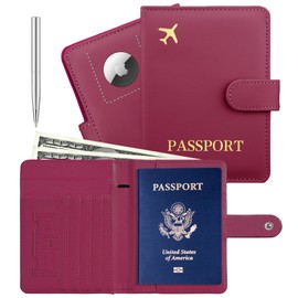 Beanumerous Passport Holder with Airtag Slot and Cards Cash Air Ticket Pocket, Travel Wallet RFID Blocking, Passport Book Cover Case Travel Essentials, Rose Red