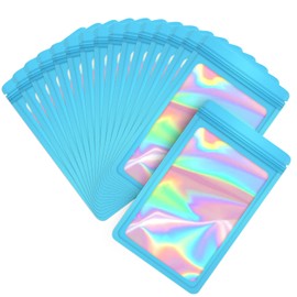 EONJOE 100-pack 4×6 inch mylar bags with clear window holographic resealable sealable packaging zip bag for small bussiness jewelry candy sample food packing supplies （Blue）