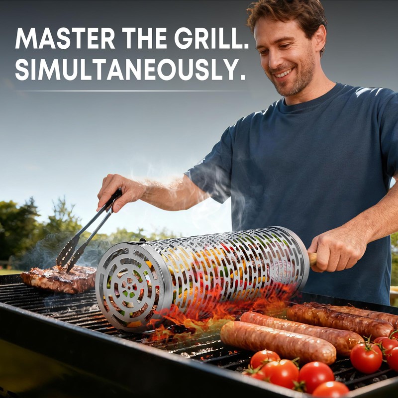Rolling Grill Basket for Outdoor Grill, BBQ Cage for Vegetable/Veggies