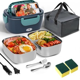 XSWPL Electric Lunch Box Heated Lunch Box 80W Electric Lunch Box for Adults 12/24/110V Portable Food Warmer with 2 304 Stainless Portable Lunch Box Warmer for Office/Car/Truck (Green, 2Pcs-1.5L)