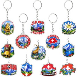 Paquete de 12 llaveros acrílicos de Suiza a granel, bandera de Suiza de los Alpes, glaciar, Edelweiss, paisaje, recuerdo, bolsa de viaje, regalo de recuerdo para viajeros