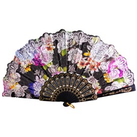 Handheld Floral Folding Fans (1, Black)
