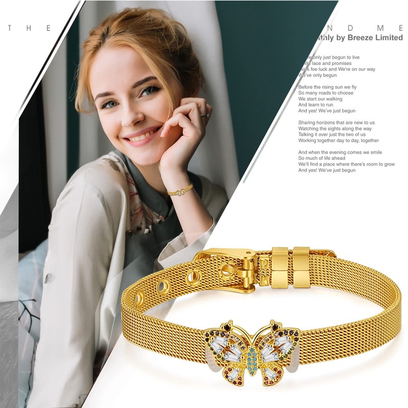 Flongo Mesh Bracelet Women's Bracelet with Zircon Butterfly Adjustable Width