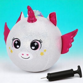 MIJOMA Plush Ball Diameter 23 cm with Hand Pump - Cuddly Inflatable Softball - Fluffy Plush Ball - Inflatable Toy for Children (Unicorn - White)