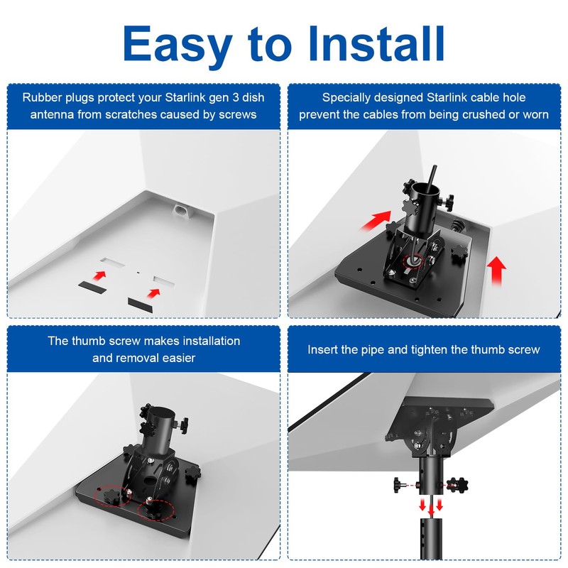 Starlink Gen 3 Mount Kit- Pipe Adapter, Angle-Adjustable Wall/Roof Pole
