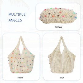 Jywmsc Süße Strandtaschen für Damen Sommer-Häkeltasche mit Perlen Boho-Stil Gewebtes Netz Schultertasche für Urlaubsreisen