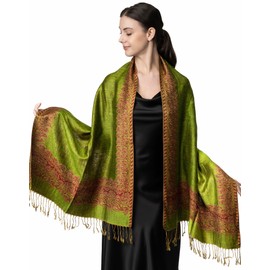 Achillea Elegant Reversible Paisley Border Pattern Pashmina Shawl Wrap Scarf (Olive Green)