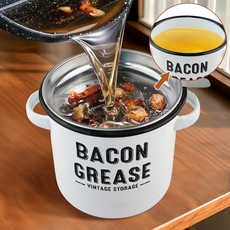 YOKODU 42oz Bacon Grease Container with Strainer,Enamel Ceramic Bacon Fat