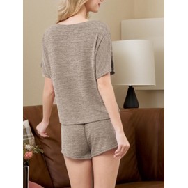 CUPSHE Womens Lounge Set Short Sleeve Pjs Round Neck Sleepwear 2 Piece Outfits Khaki, L