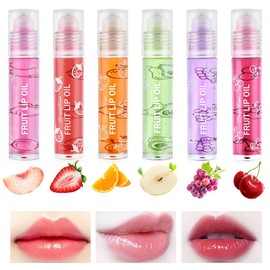 AOOWU 6 Pcs Hydrating Lip Oil Set, Fruit-Flavored Plumping Lip Oil, Long Lasting Lip Glow Balm Lip Care, Transparent Moisturizing No-Sticky Lip Gloss(Peaches,Orange,Avocado,Strawberry,Grape,Cherry)