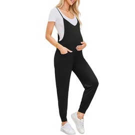 FABRACK Women's Maternity Jumpsuits Loose Adjustable Spaghetti Strap Jogger Overalls Outfits Pregnancy Romper with Pockets(Black, X-Large)