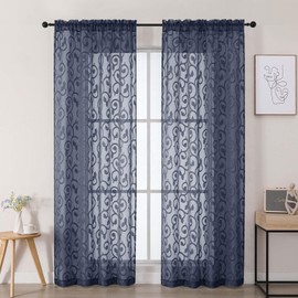 WelvetBLK Navy Blue Sheer Curtains 84 Inches Long 2 Panels Set for Bedroom Living Room, Soft Solid Airy Elegant Geometric Jacquard Clip Light Filtering Curtains Drapes, 2Pcs Total Wide 84" Inch