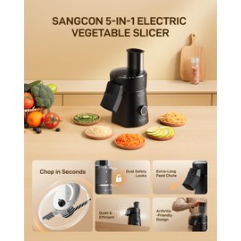 Sangcon Electric Cheese Grater for Block Cheese, 5-in-1 Automatic Salad Shooter & Vegetable Slicer with 5 Stainless Steel Blades, One-Touch Countertop Electric Grater for Cheese, Vegetables, Nuts