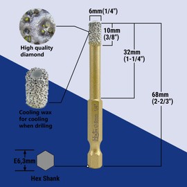 HXIN Brazed Diamond Drill Bits with Hex Shank E6.3mm Fast Connection for Dry or Wet Drilling on Porcelain Ceramic Tile Granite Marble Used on Corded or Cordless Pistol or Bench Drill (2, 6mm(1/4")