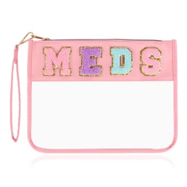 Chenille Letter Clear Zipper Flat Pouch Transparent Waterproof Stuff Cosmetic Bags Travel Makeup Bag with Zipper Toiletry Bag with Preppy Patch for Women & Children, Travel, Gym, Beach (MEDS)