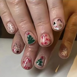 Christmas Press on Nails Short Christmas Fake Nails with Snowman Snowflake Designs Almond Acrylic Glue on Nails Cute Christmas Tree Finger Xmas Winter False Nails Manicure Decor for Women 24Pcs