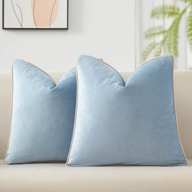 JUSPURBET Set of 2 Aqua Blue Velvet Throw Pillow Covers 20x20 Inch Soft Comfortable Accent Cushion Cases with Piping and Hidden Zipper for Couch Bed Home Decor
